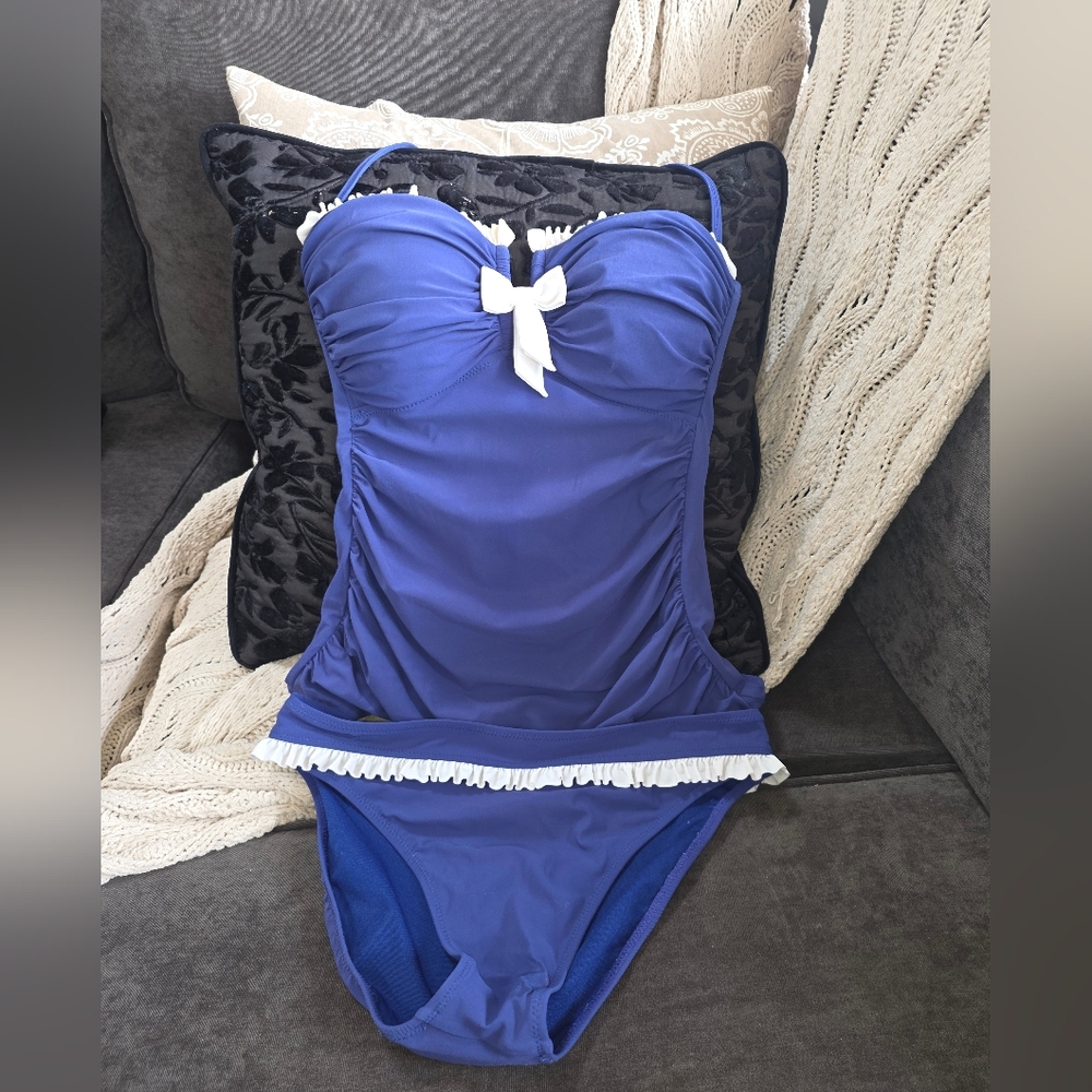 Blue Ruffle Trim Tankini Swimsuit with White Bow